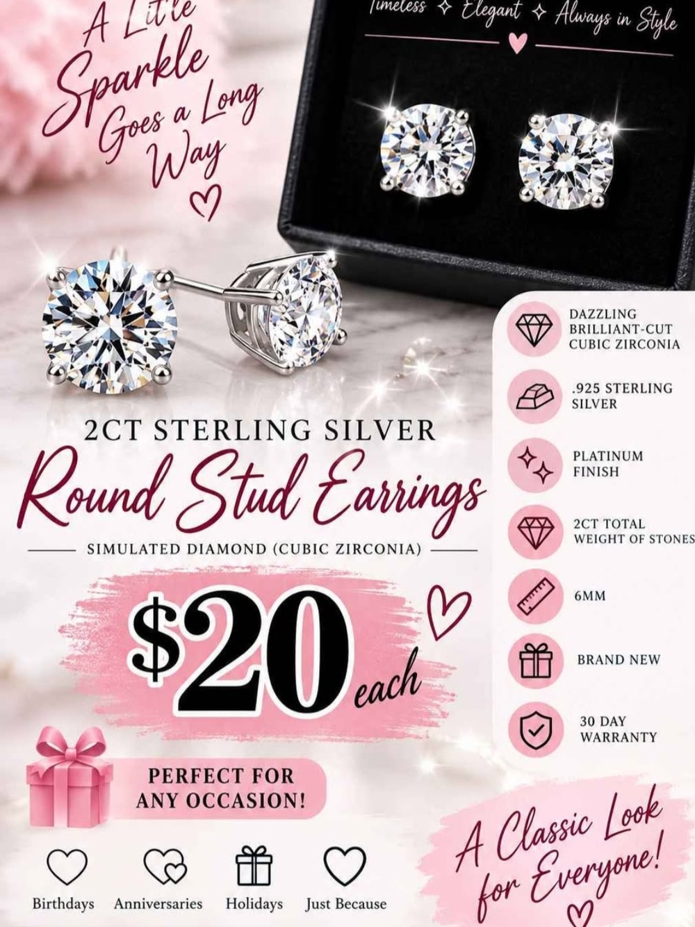 Round Cubic Zirconia Sterling Silver Stud Earrings - White